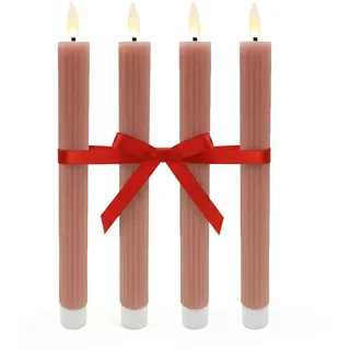 Relaxdays LED Stabkerzen, 4er Set, HxD: 25 x 2 cm, flackernde Flamme, Echtwachs, Rillen, flammenlose Kerzen, Altrosa
