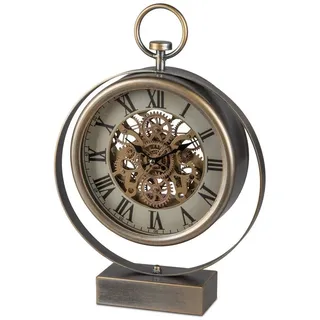 Formano Standuhr antik mit sichtbar beweglichen goldenen Zahnrädern 42cm Metall - Clock Batteriebetrieben Dekorative Uhr Industrial Vintage Style Modern