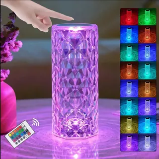 LED Tischlampe Akku, Touch und Dimmbar RGB 16 Farben & 4 Modi Kristall, Diamant Nachttischlampen, Rosenform Atmosphäre, Romantisches Nachtlicht Retoo - Transparent