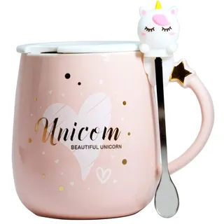 Süße Einhorn Tasse Kawaii Kaffeetassen Kaffeetasse Keramik Teetasse Milchbecher Neuartige Tassen mit Deckel und Löffel Lustige Geschenke für Geburtstag Frauen Mädchen Kinder Spülmaschinenfest