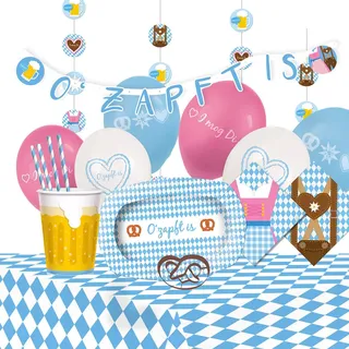 Amscan 9050 0376 - Partyset Bierfest, 6 Teller, 6 Becher, 20 Servietten, 1 Tischdecke, 12 Trinkhalme, 1 Keksform, 1 Girlande, 4 Deko-Spiralen, 6 Ballons