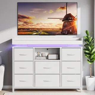 INONEFT Kommode mit 8 schubladen und 1 Offenes Feld, Sideboard mit LED Beleuchtung, Type-C und USB Anschlüsse, für Schlafzimmer und Wohnzimmer - Weiß