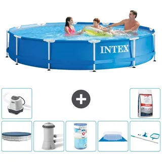 Rundes Schwimmbecken - 366 x 76 cm - Blauw - Beim Bezug enthalten - Schwimmbeckenpumpe - Filter - Bodenabdeckung - Reinigungssatz - Salzwassersystem - Schwimmbecken Salz - Blau