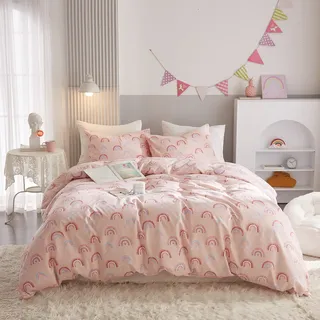 Ivellow Doppel-Bettbezug für Kinder, 100% Baumwolle, Regenbogen-Rosa, Bettbezug für Mädchen, niedliches Kawaii-Bettwäsche-Set, 3-teilig, ultraweich, atmungsaktiv, für Kleinkinder, Teenager, Kinder,
