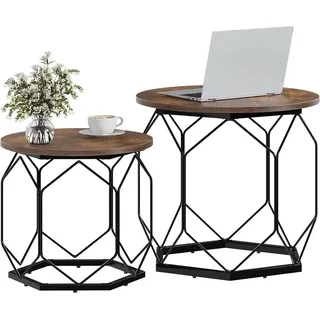 WOLTU Couchtisch 2er Set, mit runder Tischplatte, aus Holzwerkstoff Metall, Holzoptik : Rustikales Braun Farbe: Rustikales Braun - Dunkelbraun