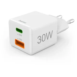 Hama Schnelllade-Gerät "Schnelladegerät, 1x USBC, 1x USB-A, 30W, PD, Qualcomm Quick ChargeTM", Weiß