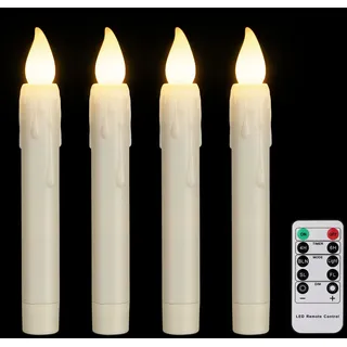 yunsheng 4 Stück LED Stabkerzen mit Fernbedienung und Timer, Batteriebetriebene LED Kerzen, Flammenlose Flackernd Spitzkerzen, Fensterkerzen mit Tropfwachs-Optik für Weihnachtsdeko, Elfenbein, 2*17cm
