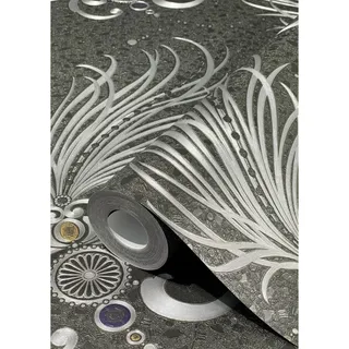 Glööckler Vliestapete Imperial ornamentaler Federschmuck Schwarz-Silber