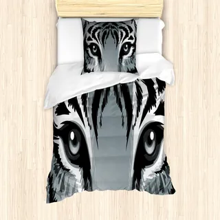 ABAKUHAUS Auge Mantele, Tiger Sharp mustert Tier, Milbensicher Allergiker geeignet mit Kissenbezügen, 135 cm x 200 cm - 80 x 80 cm, Grau Schwarz Weiß - Weiß
