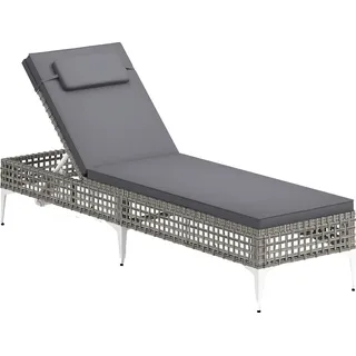 COSTWAY Sonnenliege Polyrattan, Gartenliege mit Auflage, Kopfstütze & verstellbarer Rückenlehne, wetterfeste Balkonliege Liegestuhl bis 180 kg - Grau