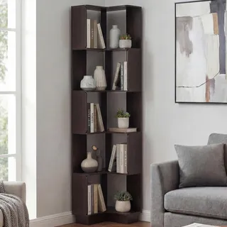 Mendler Eck-Bücherregal HWC-P53, Eckregal Standregal Wohnregal, 5 Ebenen MDF Melamin 175x40x40cm ~ Walnuss-O