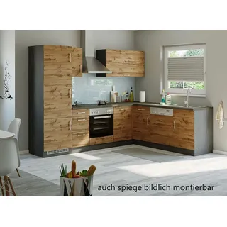 Winkel Eck Küche Sorrento in Wotaneiche Nachbildung 270 x 210 cm mit Herd Glaskeramik Kochfeld Geschirrspüler Kühlschrank und Dunsthaube - Braun