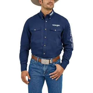Wrangler Herren Langarmshirt mit Zwei Taschen und Großem Logo Hemd mit Button-Down-Kragen, Marineblau, Large Hoch
