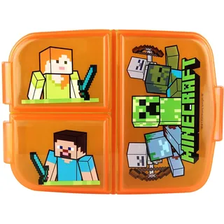 p:os Minecraft Brotdose Kinder - Lunchbox mit 3 Fächern und Clip-Verschlüssen, Bento Snackbox aus Kunststoff für Kindergarten, Schule und Freizeit - Vesperdose robust & leicht zu öffnen