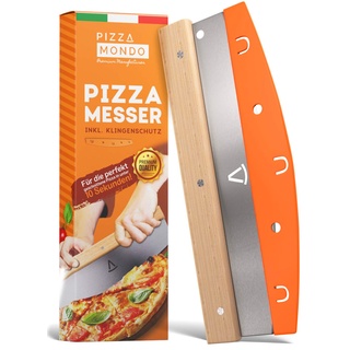 Pizza Mondo® Pizzaschneider - Profi Pizzamesser (Pizza Cutter) effektiver als Pizzaroller | Premium Pizza Wiegemesser aus Edelstahl 32cm mit Holzgriff | Schnelles und gleichmäßiges Schneiden