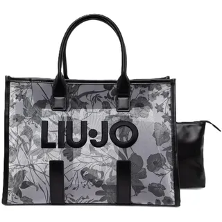 Liu Jo Einkaufstasche für den Strand, Netzoptik mit Blumendruck, schwarz, 100 % Polyester, 34 x 30 x 19 cm, mit herausnehmbarer Tasche