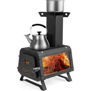 COSTWAY Raketenofen Outdoor, 2 Kochflächen mit Sichtscheibe und Aschepfanne, Zeltofen Campingofen