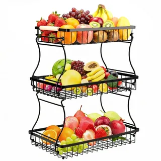 VINATO Obstschale, 3-stöckige Moderner Obstkorb mit Holzgriffen, für Küche, Bad & Mehr – Ideal für Obst, Gemüse & Küchenorganisation, Schwarz