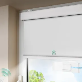 DENFOON Solar Elektrische Rollos Innen,Thermorollo Klemmfix ohne Bohren & mit Bohren,Verdunklungsrollo mit Fernbedienung Wiederaufladbar Akku Rohrmotor Rollo für Fenster Weiß,110x170cm(B x L)