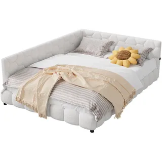 Polsterbett 140x200 cm, Weiß, LED-Beleuchtung und USB-Anschluss, Tagesbett Schlafsofa , Textil , Mode , 140x200 cm , Schlafzimmer, Betten, Polsterbetten