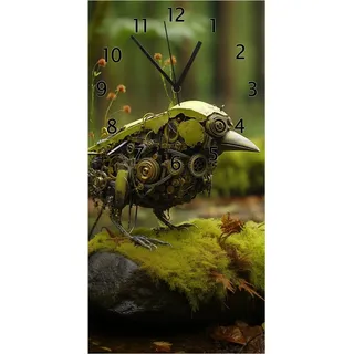 Wallario Design Wanduhr bedruckt, Größe 30 x 60 cm, Motiv: Mechanischer Waldvogel - Grün