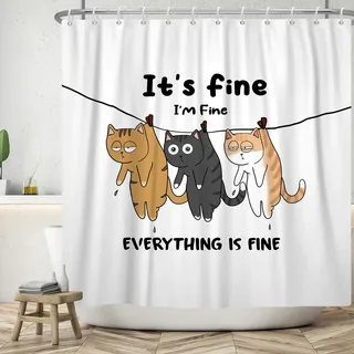 ASDCXZ Lustig Duschvorhang 180x200 cm, Modern Einfachheit Niedlich DREI Lustig Katze Weiß Bad Waschbar Duschvorhänge Polyester Textil Wasserdicht Badevorhang für Badewanne mit 12 Haken