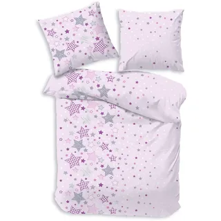 Bettwäsche 135x200 Sterne Kinder-Bettwäsche rosa 80x80 + 135x200, 100% Baumwolle Biber, Reißverschluss, Kinderbettwäsche, Mädchenbettwäsche