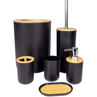 Intirilife Badezimmer Zubehör SET (6-tlg.) mit Zahnputzbecher Seifenschale Seifenspender Toilettenbürste , Naturmaterialen , 19.5x26x19.5 cm , Badaccessoires