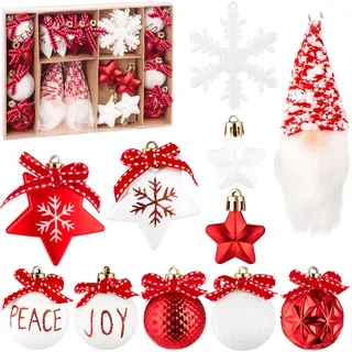 BRUBAKER 24 Stück Christbaumschmuck Rot und Weiß - Weihnachtskugel Set mit Wichtel Zwergen, Joy und Peace Kugeln, Schneeflocken, Sterne und Baumkugeln mit roten Schleifen - Baumschmuck