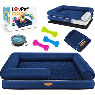 LovPet® Orthopädisches Hundebett Hundekissen Hundekorb Relax, Inkl. Napf + 3X Kauknochen, Hundesofa für Kleine, Mittelgroße & Große Hunde, Bezug abnehmbar und waschbar - Blau