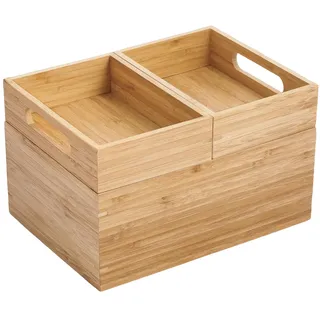MSV - Vielseitige Aufbewahrungsbox mit 3 Stapelbaren Fächern ISALYS - Aufbewahrung aus Natürlichem Bambus für Kosmetik, Schmuck, Bürobedarf oder Zubehör - Beige