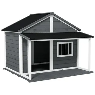 PawHut Hundehütte aus Massivholz Kleintierhaus Hundehaus mit Terrasse Asphaltdach Outdoor wetterfeste Hütte für draußen Grau 124 x 112 x 105 cm