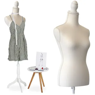 Relaxdays Schneiderpuppe, weiblich, Größe 36/38, höhenverstellbar 160–175 cm, mit Holzständer, Schaufensterpuppe, weiß