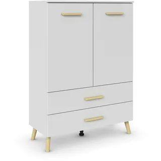 Rauch Möbel Skandi by Aditio Hochkommode, Kommode, Highboard, Türkommode, Schubladenschrank, 2-türig, 2 Schubkästen, Soft-Close, Holzfuß, Farbe Seidengrau, 93x130x44cm