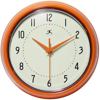 Infinity Instruments LTD. Retro-Wanduhr, 22,9 cm, geräuschlos, Nicht tickend, Mitte des Jahrhunderts, Moderne Küchenwanduhr, Quarz-Uhrwerk, Retro-Wanduhr, dekorativ (orange)