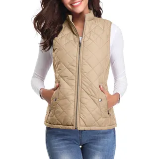 fuinloth Damen Weste, Herbst Leichte Steppweste Westen Ärmellos Jacke Kurz Vest Gilet Khaki XXL