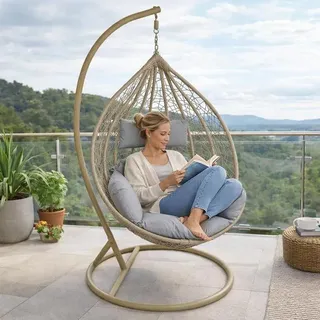 Hängesessel mit Gestell Polyrattan Hängekorb Rattan Hängestuhl Beige / Grau - Beige, Grau