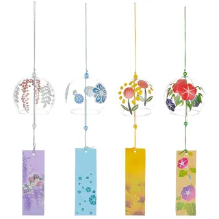 BENECREAT 4 Stück Japanisches Rundes Windspiel Aus Glas, Himmelblaues Lilafarbenes Gelbes Windspiel Mit Blumenmotiv Und Gebetspapieranhänger Für Garten, Terrasse, Fensterbank-Dekoration