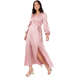 Lovedrobe Women's Midaxi Dress Ladies Wrap V-Neck Long Bishop Sleeve Satin Gold Fleck Side Tie Belt Split A-line Wedding Guest, Altrosa 38