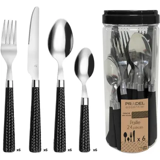 Amefa PAILLE Besteck Set 6 Personen | Essbesteck 24-teilig | schwarze Griffe im Flechtdesign | Besteck Set 18/0 Edelstahl | Besteckset spülmaschinenfest | je 6x Gabel, Messer, Löffel & Kaffeelöffel