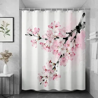 AURISSE Duschvorhang mit zartem Aquarell-Motiv in Rosa & Blüten im verspielten Stil, 180x180 cm – Aus hochwertigem Polyester, wasserdicht, schnelltrocknend und maschinenwaschbar, inkl. 12 Haken
