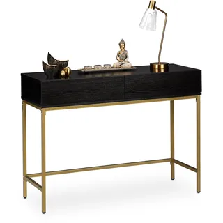 Relaxdays Konsolentisch, 2 Schubladen, Sideboard Flur, Wohnzimmer, Ablagetisch Holzoptik, HBT 80x110x40 cm, schwarz/gold