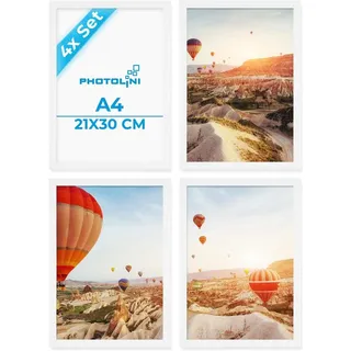 PHOTOLINI Bilderrahmen A4 Weiß Holz MDF, 4er Set DIN A4 21x30 cm Rahmen | Foto Rahmen 21 x 30 mit bruchsicherem Acrylglas, picture frame zum Aufhängen & Aufstellen, Bilderrahmen Collage 30x21 Poster