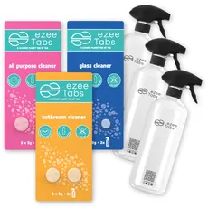 EzeeTabs Reinigungsmittel Bundle – Je 2 Allzweckreiniger, Badreiniger, Glasreiniger und 3 wiederverwendbare Flaschen – Mikroplastikfreies, biologisch abbaubares und veganes Putzmittel