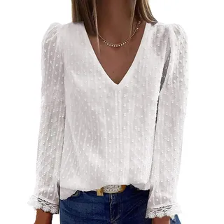 Spitzen Oberteile Damen Langarm - Bluse Elegant T Shirt Damen V Ausschnitt mit Spitze Weiss Punkte Chiffon Langarmshirt Sexy Lockere Lässige Tunika Blusenshirt Top Blusen & Tuniken für Damen