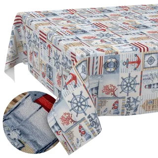 Tischdecke abwaschbar Tischtuch Lotuseffekt pflegeleicht aus Baumwolle Polyester schmutzabweisend Outdoor Gartentischdecke Maritim 220x140cm