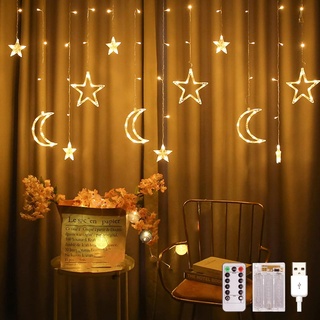 Lypumso Sterne Mond Lichterkette, 3.5M LED Lichtervorhang Sterne Innen, 8 Modi Weihnachtsbeleuchtung Fenster mit Timer USB/Batterie IP44, Ideal für Weihnachtsdeko, Fenster, Balkon, Party, Hochzeit