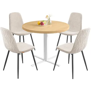 VASAGLE Runder Tisch mit 4 Esszimmerstühlen, Essgruppe, Stahlgestell, einfacher Aufbau, goldeichenfarben-cremeweiß KDT184Y01