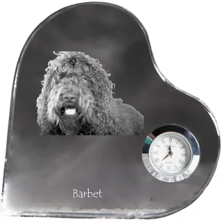 Barbet, Französischer Wasserhund - Kristalluhr mit einem Hundebild, Herzregal-Uhr, personalisierte Standuhr der Marke Art-Dog - Transparent