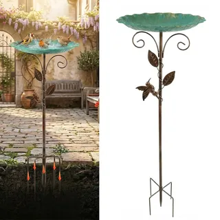 AEMCHDM Grün Vogeltränke Stehend, 77CM Metall Vogeltränke Lotosblattmuster, Blumen Gartenstecker Vogelbad, 5-Zinken-Basis, Antike Vogelbad Winterfest Futter Wasserschale für Garten/Rasen/Hinterhof